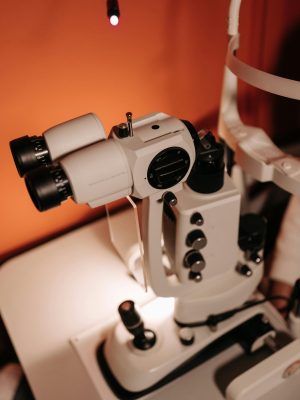 Detailed view of a slit lamp in an ophthalmology office.